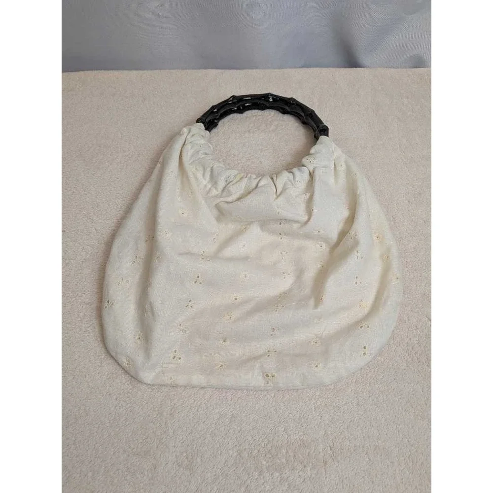 Eyelet Bamboo Handle Hobo Bag Crochet Trim White Boho Chic Summer‎ Shoulder Bag